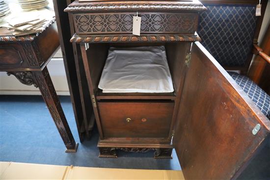 A late Victorian Chippendale style mahogany serving table, table W.4ft 6in. D.2ft 2in. H.3ft; cupboards W.1ft 9in. D.2ft 2in. H.6ft